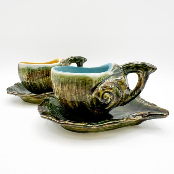 Majolica Tea Cup and Saucers Vintage Barbotine Shell Oyster Green Glaze Pair - Picture 4 of 13